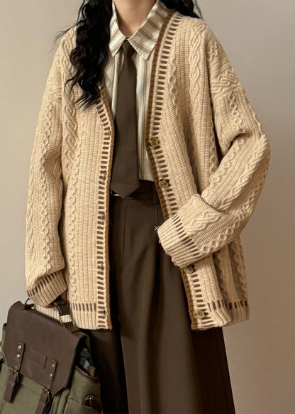 Women Coffee V Neck Button Cozy Cable Knit Coats Spring
