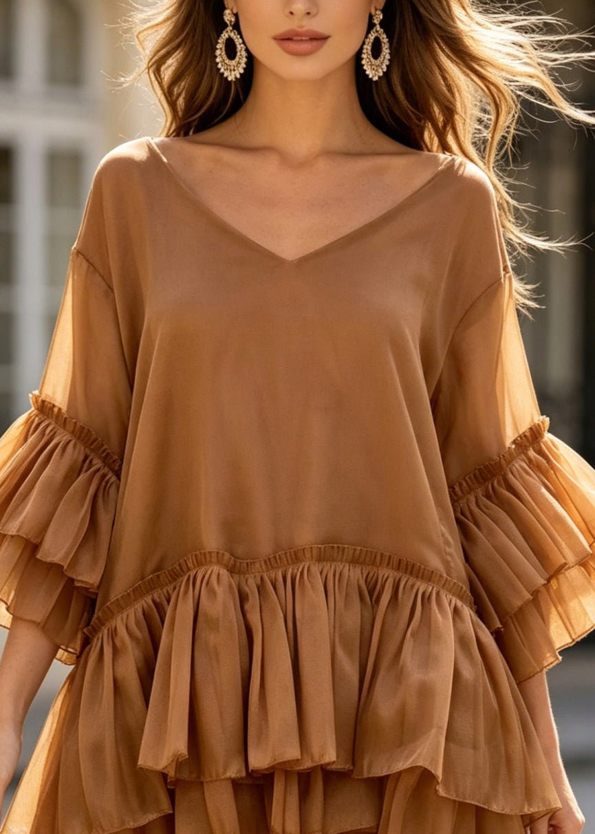 Women Coffee V Neck Layered Ruffled Patchwork Silk Top Summer