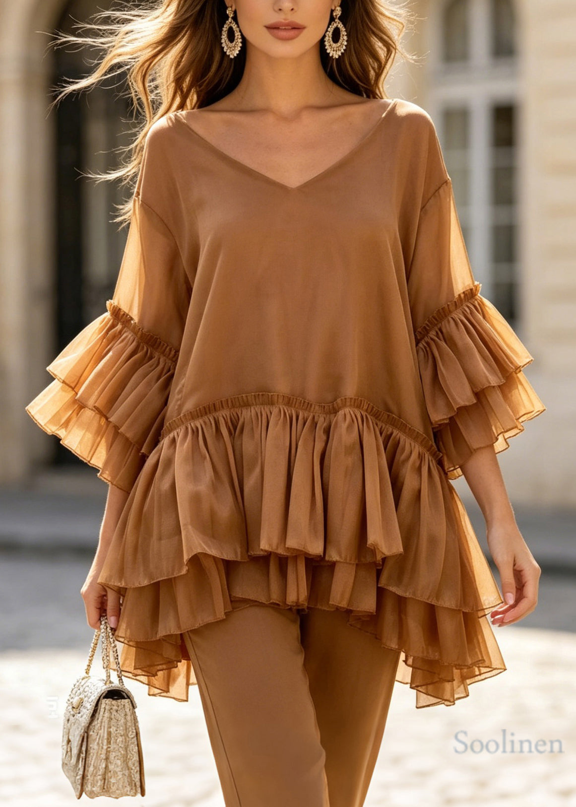 Women Coffee V Neck Layered Ruffled Patchwork Silk Top Summer
