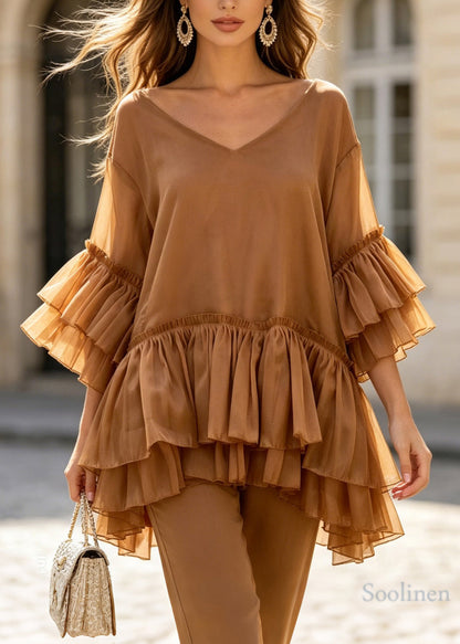 Women Coffee V Neck Layered Ruffled Patchwork Silk Top Summer