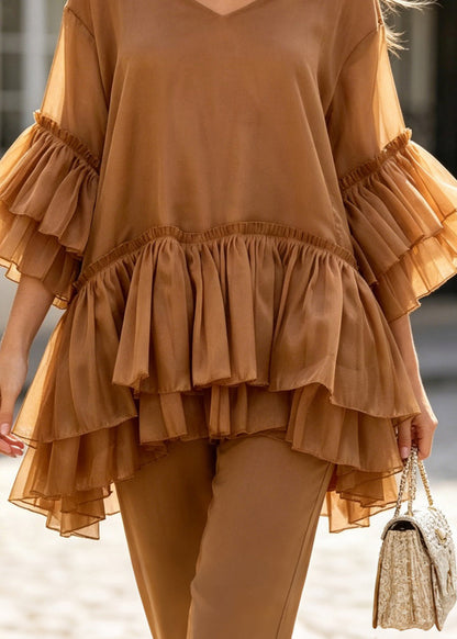 Women Coffee V Neck Layered Ruffled Patchwork Silk Top Summer