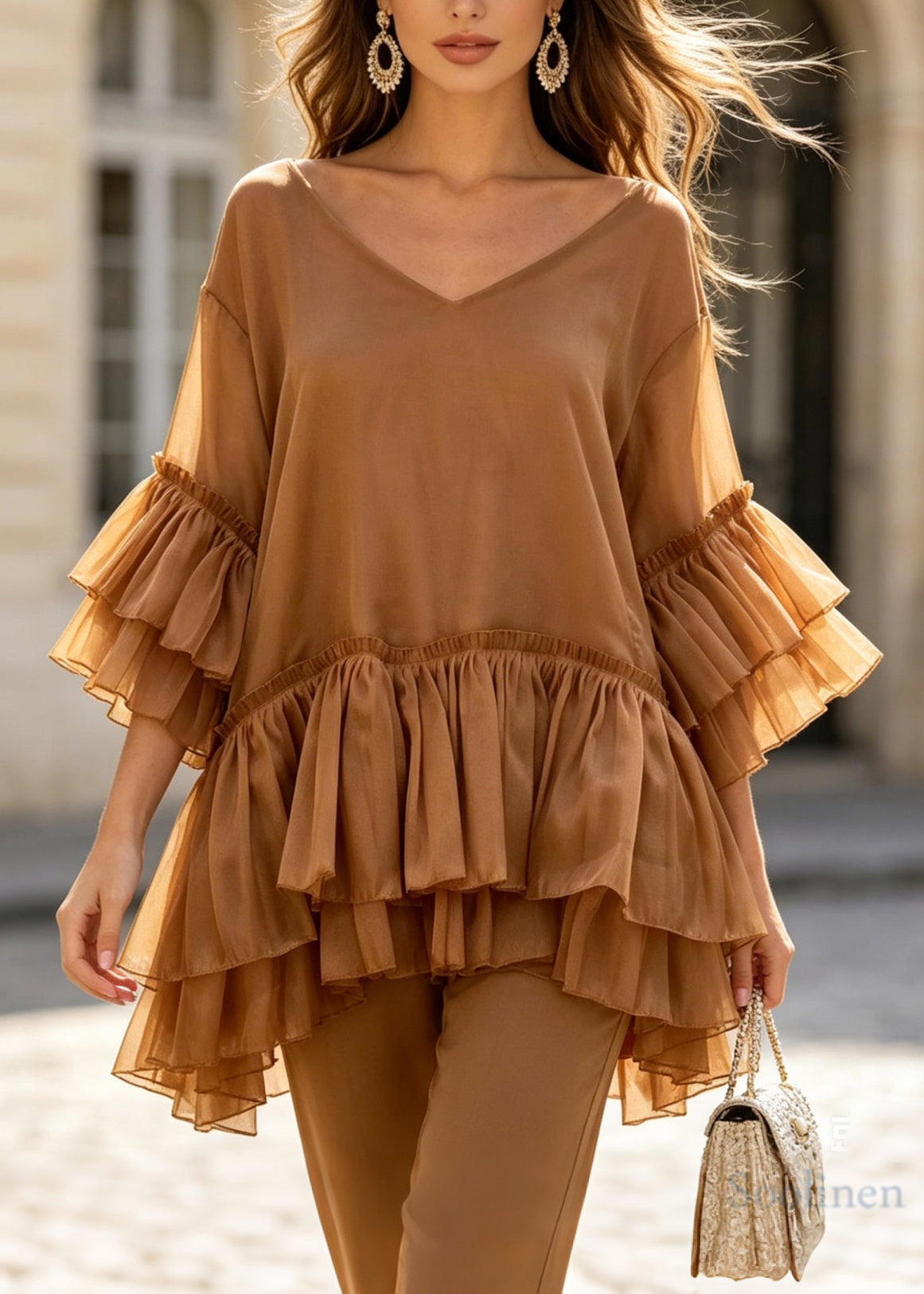 Women Coffee V Neck Layered Ruffled Patchwork Silk Top Summer