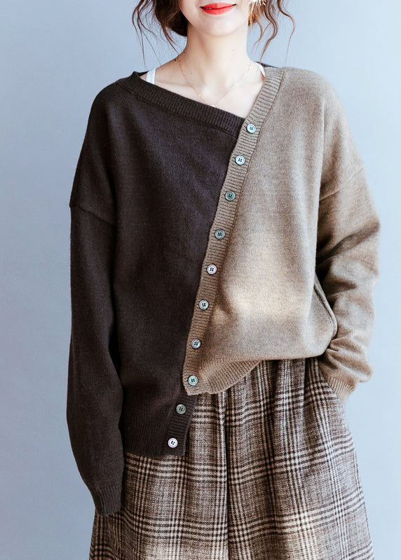 Frauen Schokolade V-Ausschnitt Patchwork Strickpullover Winter