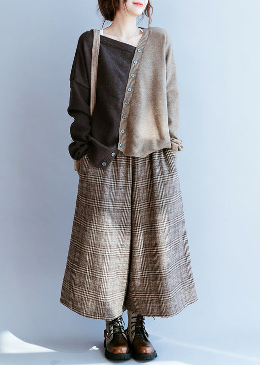 Frauen Schokolade V-Ausschnitt Patchwork Strickpullover Winter