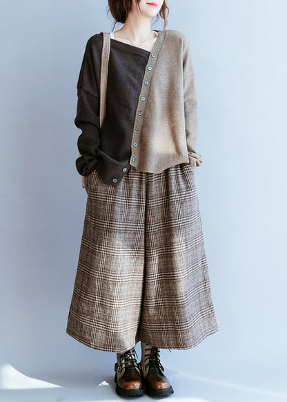 Frauen Schokolade V-Ausschnitt Patchwork Strickpullover Winter