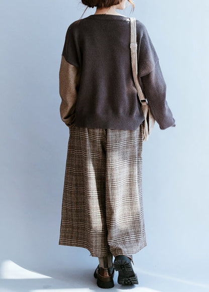 Frauen Schokolade V-Ausschnitt Patchwork Strickpullover Winter