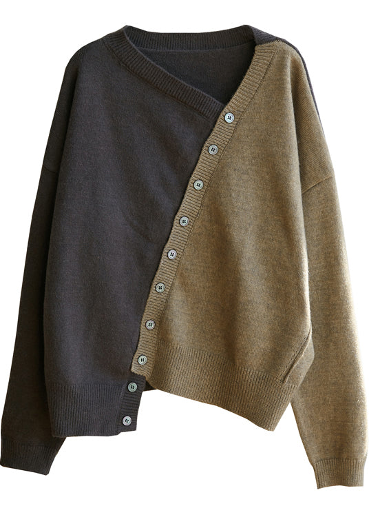 Frauen Schokolade V-Ausschnitt Patchwork Strickpullover Winter