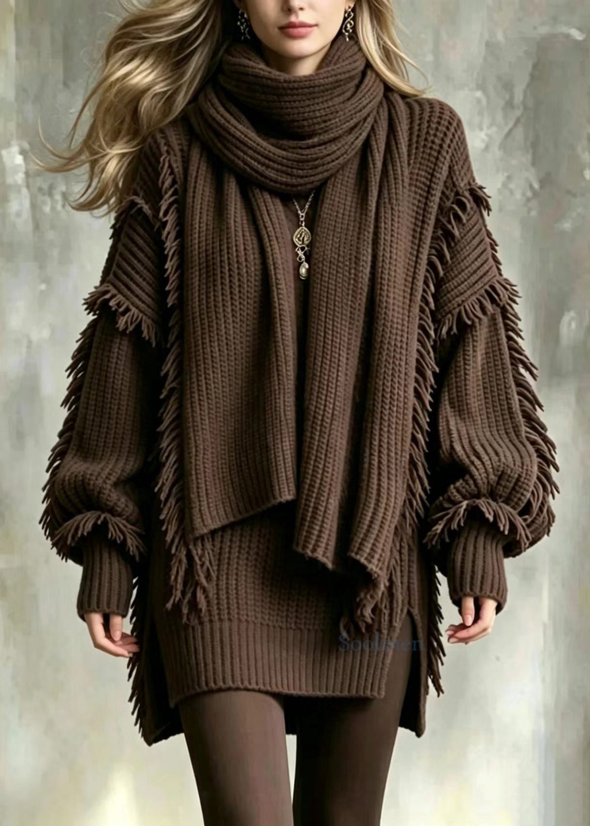 Women Coffee V Neck Tassel Knit Sweater And Scarf Two Pieces Set Fall