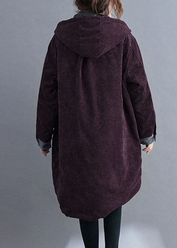 Plus Size Roter Wintermantel mit Kapuze und Knopfleiste aus Cord
