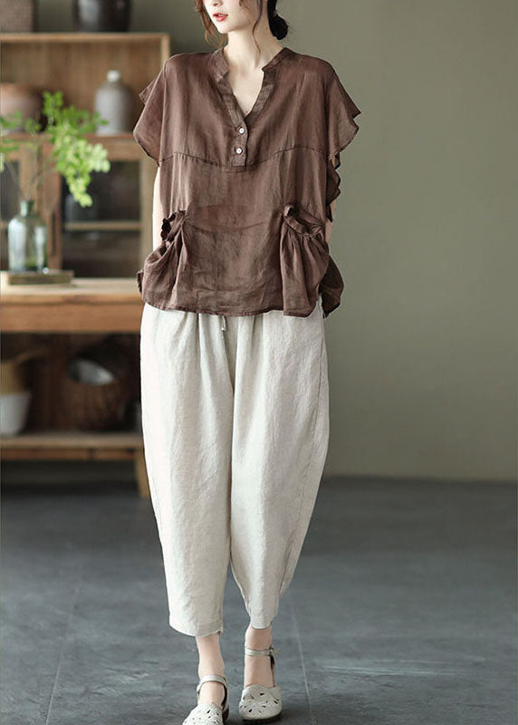 Frauen Schokolade retro Lose Taschen Herbst Shirt Tops Kurzarm