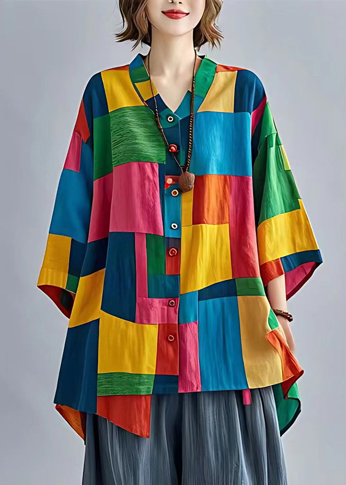 Frauen Colorblock Asymmetrische Applique Leinen Blusen Armband Ärmel