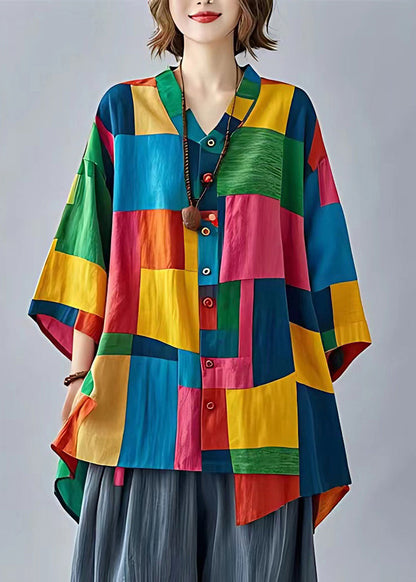 Frauen Colorblock Asymmetrische Applique Leinen Blusen Armband Ärmel