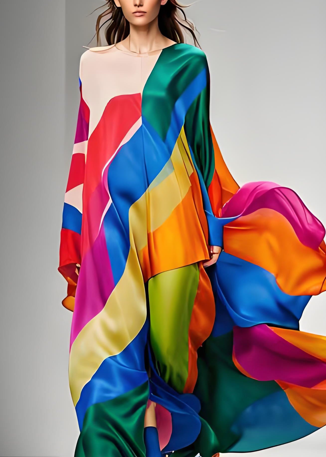 Frauen Colorblock Asymmetrische Patchwork Seide Maxi Kleider Langarm
