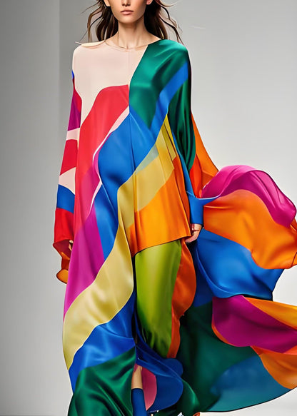 Frauen Colorblock Asymmetrische Patchwork Seide Maxi Kleider Langarm