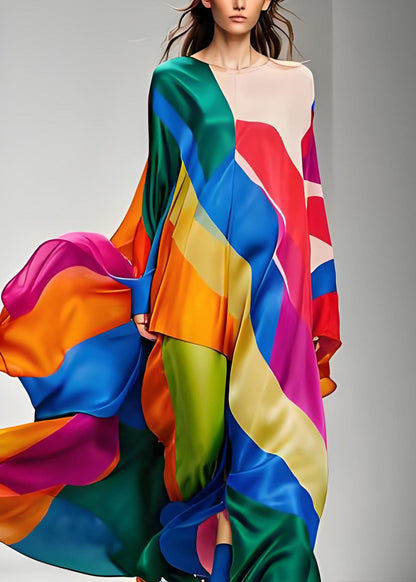 Frauen Colorblock Asymmetrische Patchwork Seide Maxi Kleider Langarm