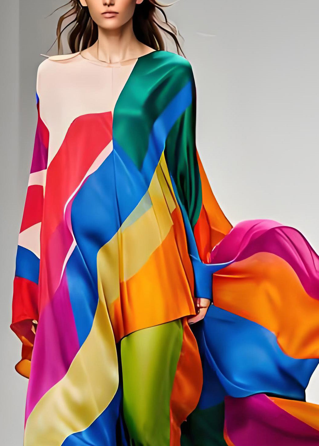 Frauen Colorblock Asymmetrische Patchwork Seide Maxi Kleider Langarm