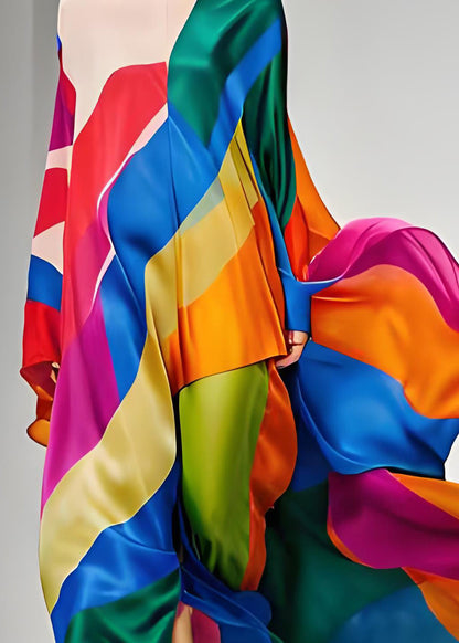 Frauen Colorblock Asymmetrische Patchwork Seide Maxi Kleider Langarm