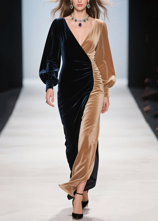 Vestido de cena de terciopelo de seda con patchwork asimétrico y bloques de color para mujer, primavera