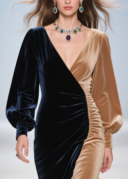 Vestido de cena de terciopelo de seda con patchwork asimétrico y bloques de color para mujer, primavera