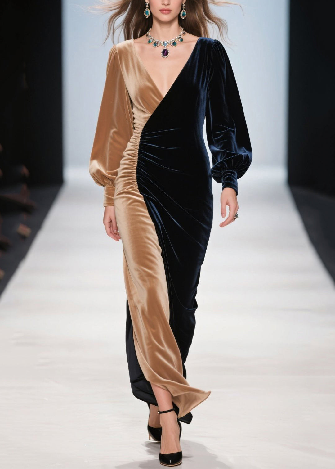 Vestido de cena de terciopelo de seda con patchwork asimétrico y bloques de color para mujer, primavera