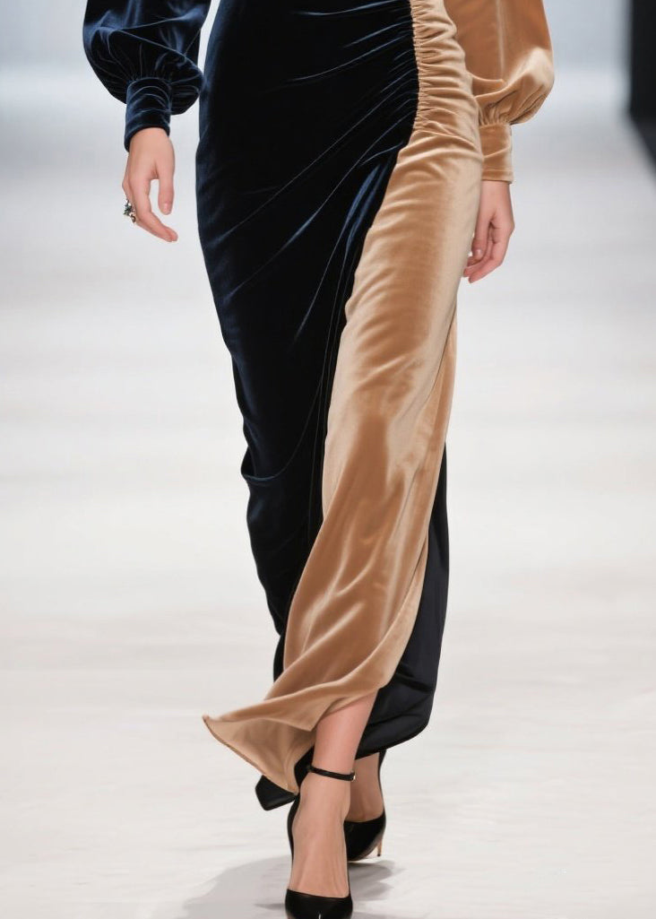 Vestido de cena de terciopelo de seda con patchwork asimétrico y bloques de color para mujer, primavera