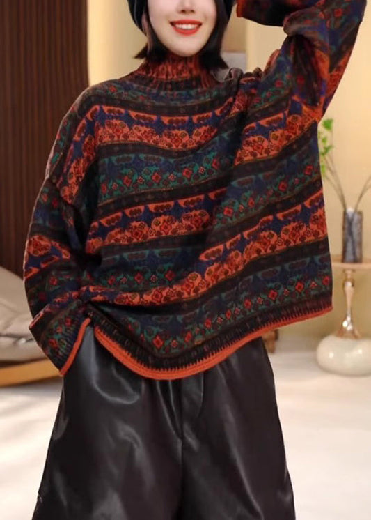 Jersey de punto a rayas con cuello alto y bloques de color para mujer, invierno