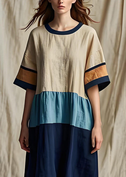 Frauen Colorblock O Neck Patchwork Baumwolle Kleider Sommer