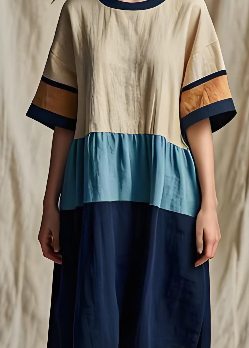 Frauen Colorblock O Neck Patchwork Baumwolle Kleider Sommer