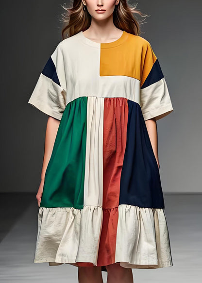 Frauen Colorblock O Neck Patchwork Leinen Mid Kleid Sommer