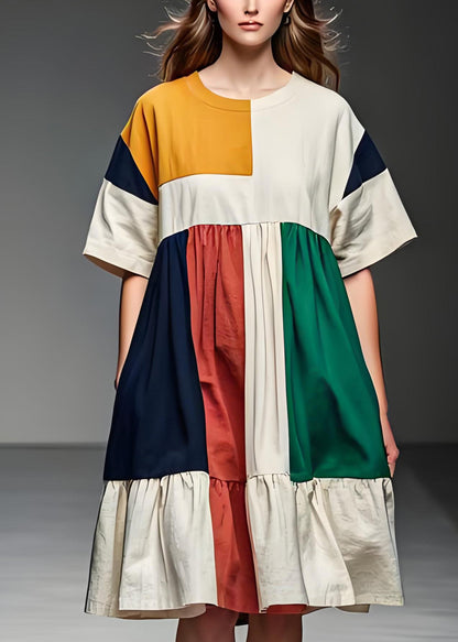 Frauen Colorblock O Neck Patchwork Leinen Mid Kleid Sommer