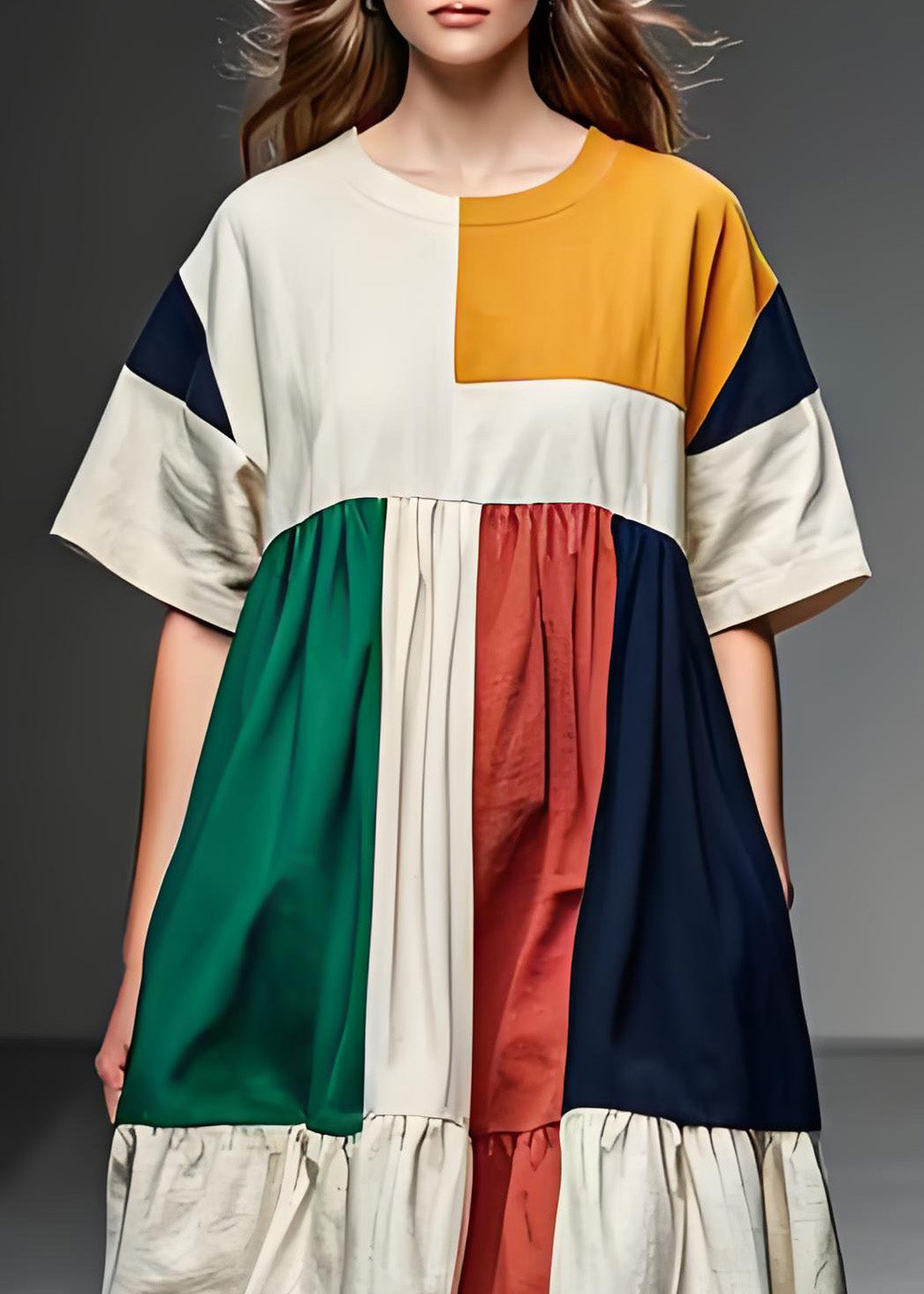 Frauen Colorblock O Neck Patchwork Leinen Mid Kleid Sommer