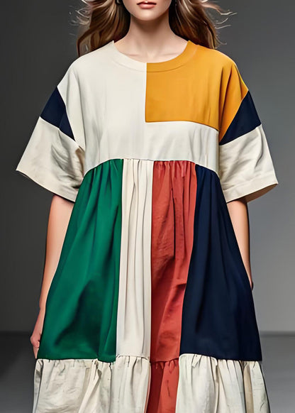 Frauen Colorblock O Neck Patchwork Leinen Mid Kleid Sommer