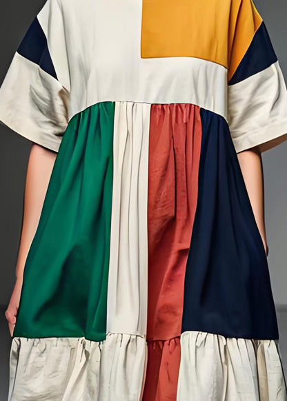 Frauen Colorblock O Neck Patchwork Leinen Mid Kleid Sommer
