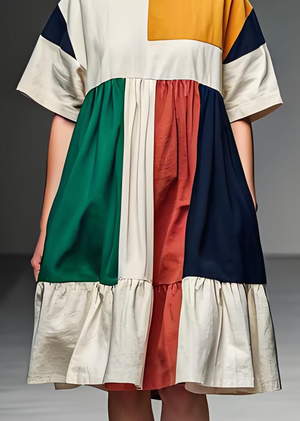 Frauen Colorblock O Neck Patchwork Leinen Mid Kleid Sommer