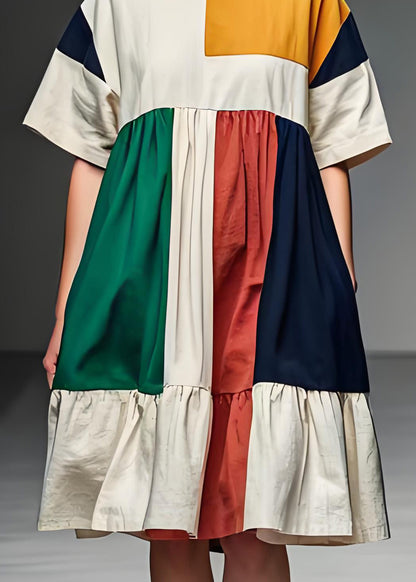 Frauen Colorblock O Neck Patchwork Leinen Mid Kleid Sommer