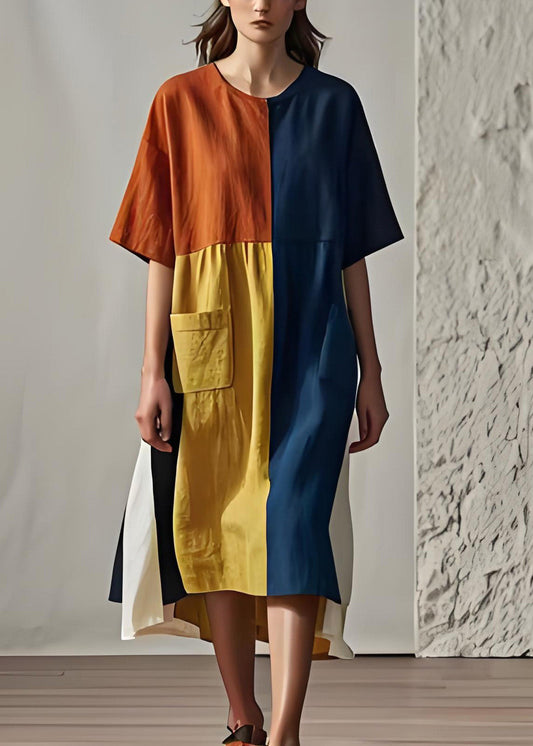 Frauen Colorblock O Neck Taschen Patchwork Baumwolle Kleider Sommer