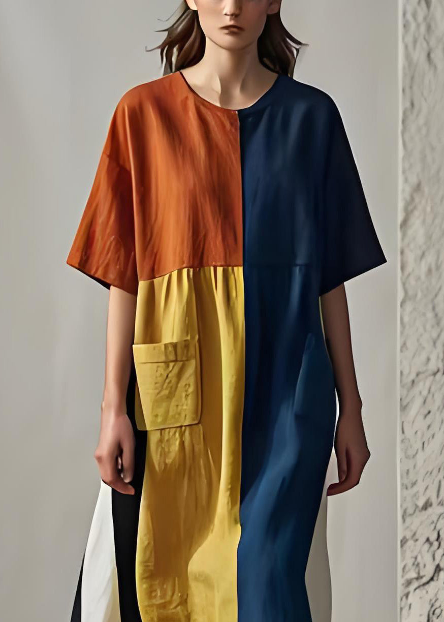 Frauen Colorblock O Neck Taschen Patchwork Baumwolle Kleider Sommer