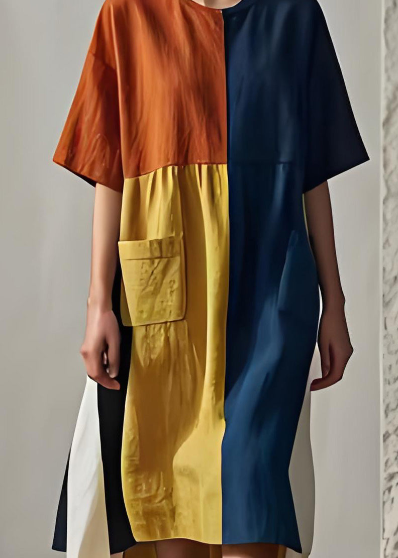 Frauen Colorblock O Neck Taschen Patchwork Baumwolle Kleider Sommer