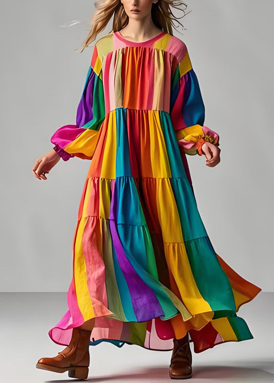 Frauen Colorblock O Neck Wrinkled Patchwork Baumwolle Kleid Langarm