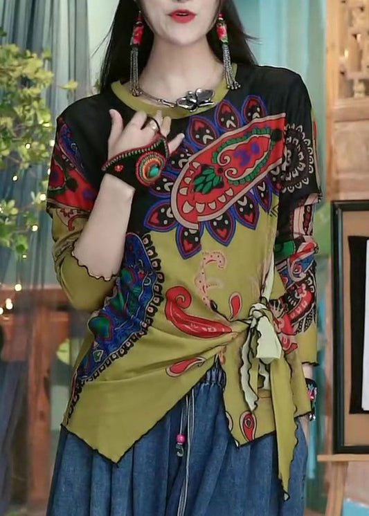 Damen-Top mit Farbblock-Print und Schnürung, Baumwolle, langärmlig