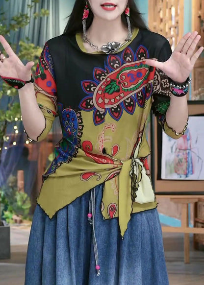 Damen-Top mit Farbblock-Print und Schnürung, Baumwolle, langärmlig