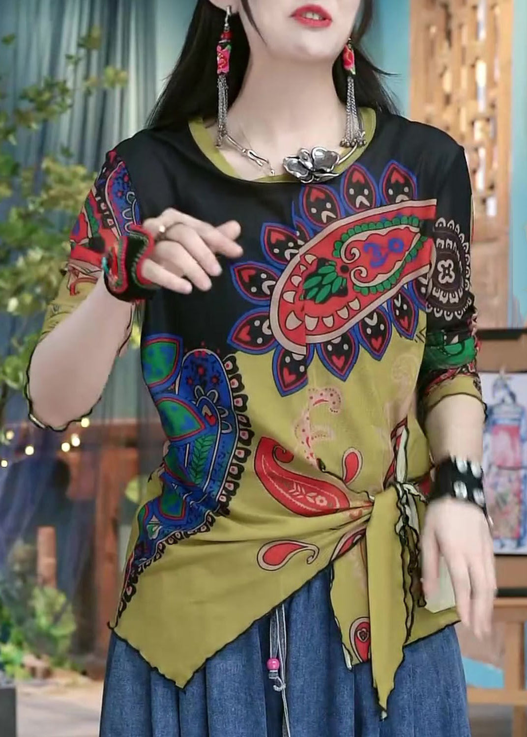 Damen-Top mit Farbblock-Print und Schnürung, Baumwolle, langärmlig