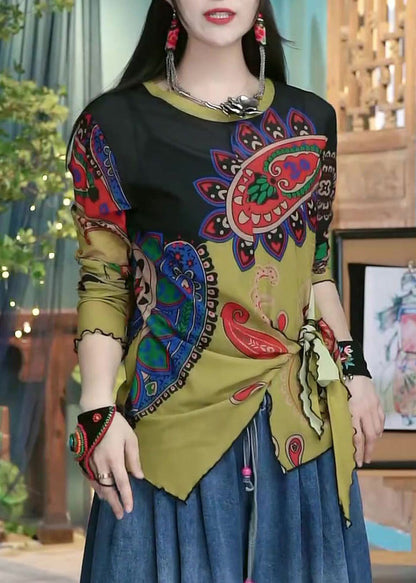 Damen-Top mit Farbblock-Print und Schnürung, Baumwolle, langärmlig