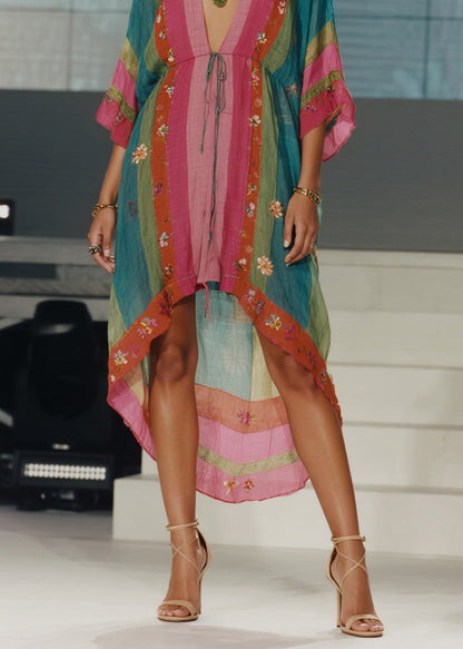 Women Colorblock Print Low High Design Cotton Dress Summer