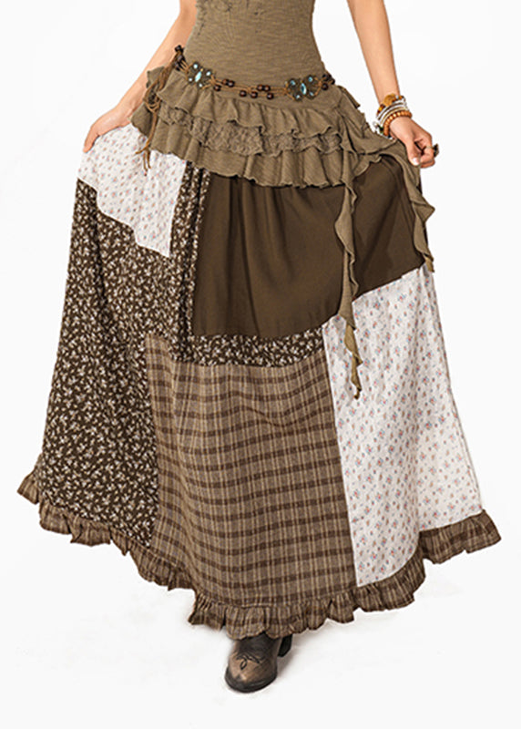 Women Colorblock Print Plaid Patchwork Maxi Skirt