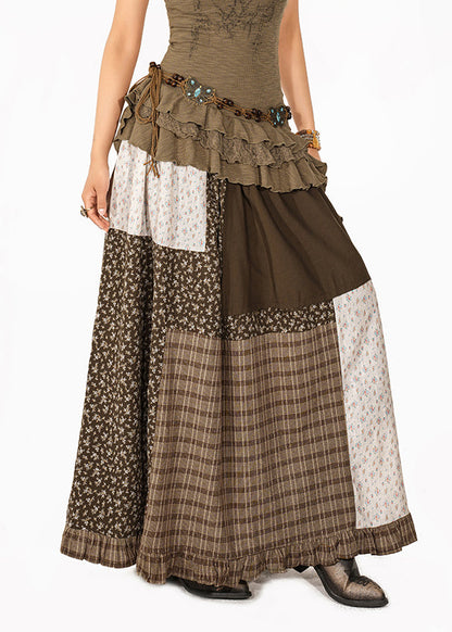 Women Colorblock Print Plaid Patchwork Maxi Skirt