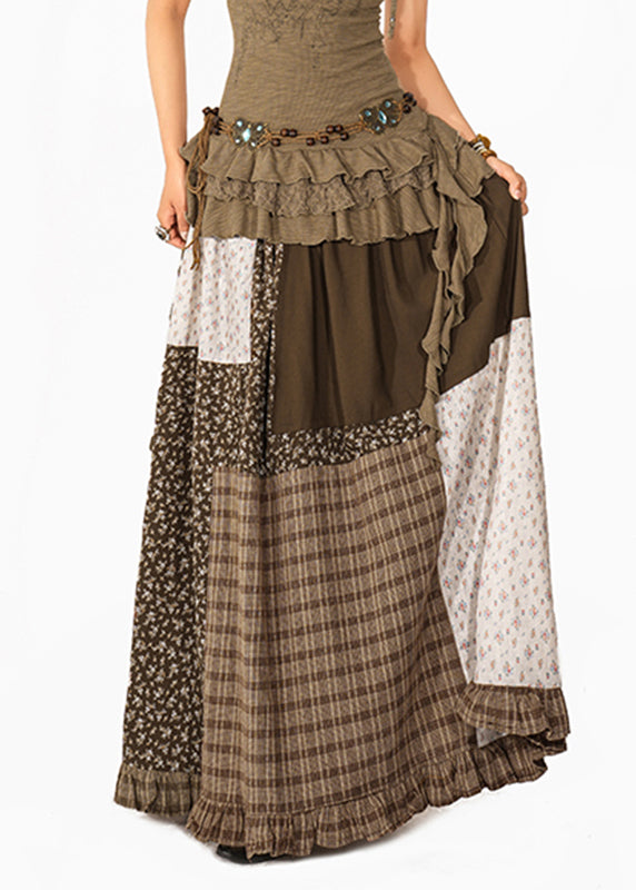 Women Colorblock Print Plaid Patchwork Maxi Skirt