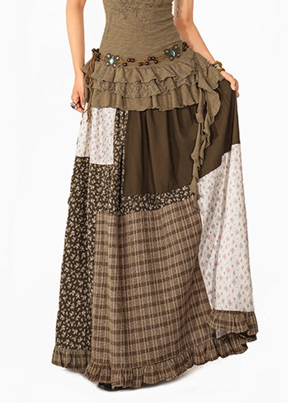 Women Colorblock Print Plaid Patchwork Maxi Skirt