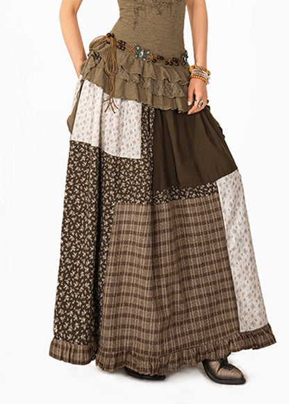 Women Colorblock Print Plaid Patchwork Maxi Skirt