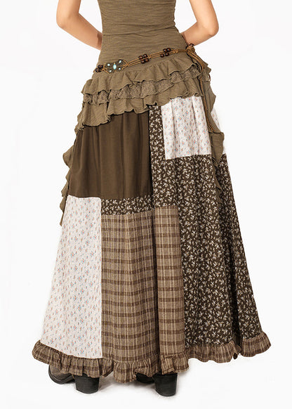 Women Colorblock Print Plaid Patchwork Maxi Skirt